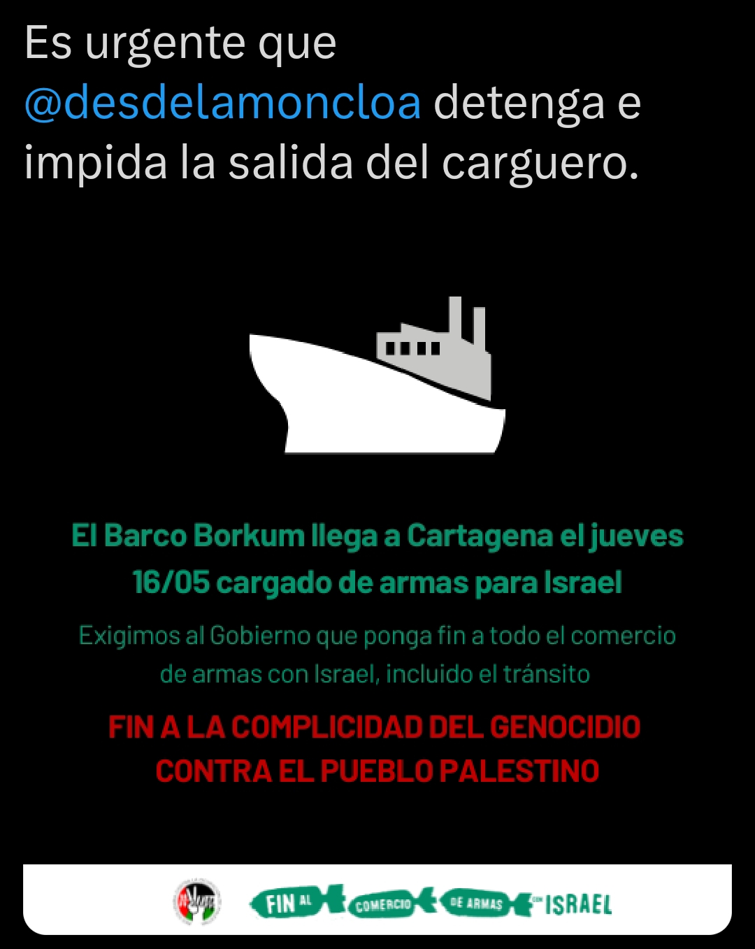 Impedir que carguero Borkum zarpe de Cartagena con armamento hacia Israel